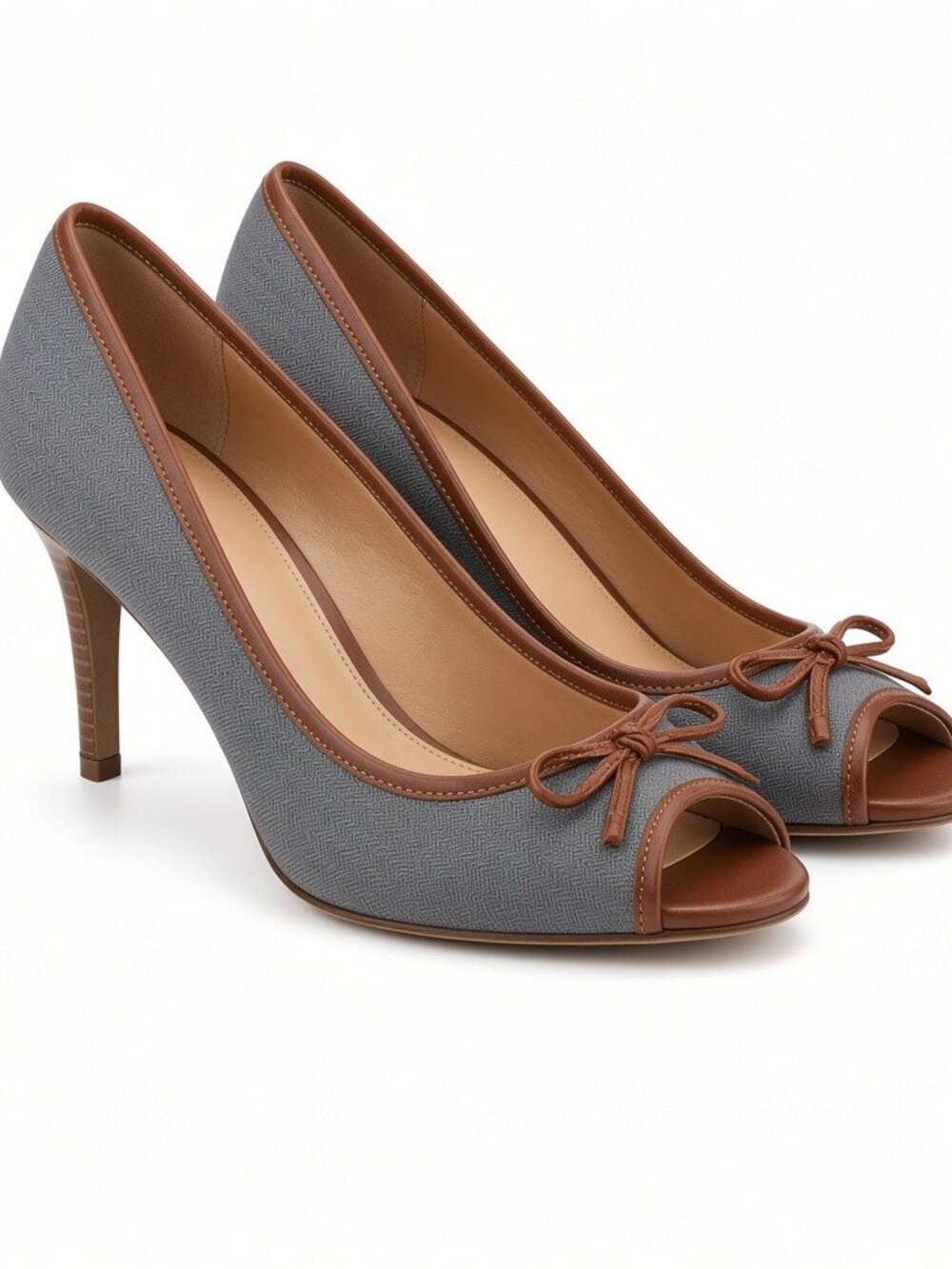 Nine West Blue & Tan Peep-Toe Bow Pumps / Heels Size 8.5M